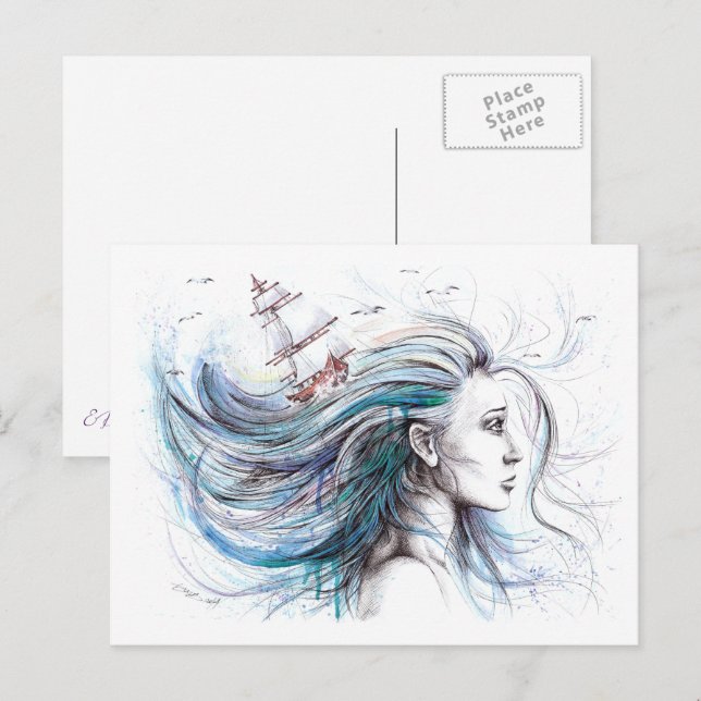 Carte Postale Ocean girl Naureal Watercolor art (Devant / Derrière)
