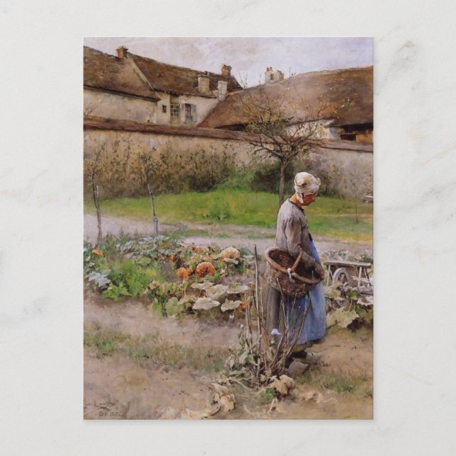 Carte Postale Octobre avec une femme dans son jardin (Devant)