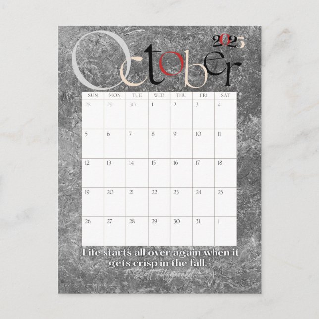 Carte Postale Octobre Gris Moderne Calendrier mensuel 2025 (Devant)