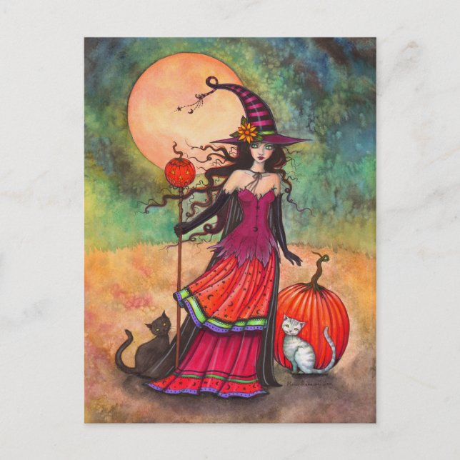 Carte Postale Octobre Moon Witch Chat Halloween Imaginaire Art (Devant)