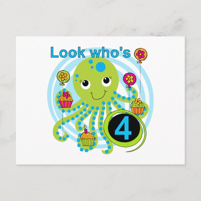 Carte Postale Octopus 4e anniversaire T-shirts et cadeaux (Devant)