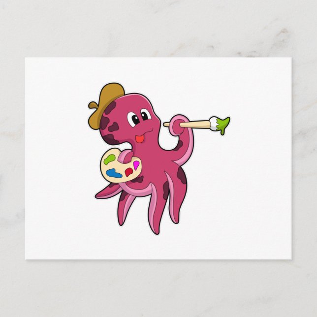 Carte Postale Octopus à la peinture avec pinceau et couleur (Devant)