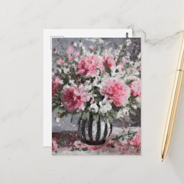 Carte Postale Oeillets roses Arrangement de fleurs Peinture (Devant/Arrière en situation)