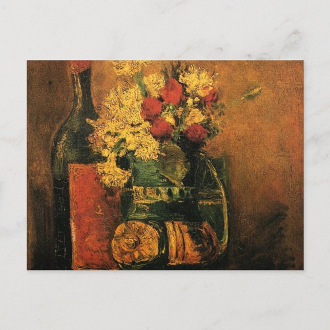 Carte Postale Oeillets, Roses et une bouteille de Vincent van Go (Devant)