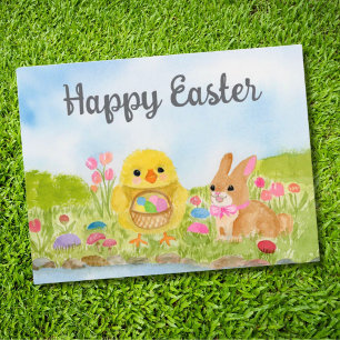 Carte Postale Œuf de Pâques à l'aquarelle Poussin Lapin de Pâque