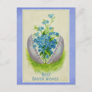 Carte Postale Œuf de Pâques floral bleu vintage Joyeuses Pâques