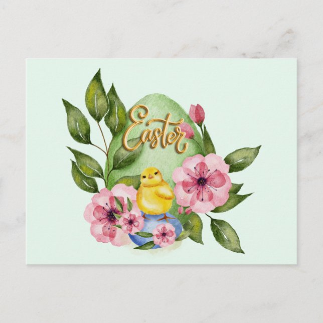 Carte Postale Oeuf de Pâques, Poule de bébé, Fleurs de printemps (Devant)