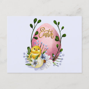 Carte Postale Oeuf de Pâques, poussin de bébé et fleurs de print