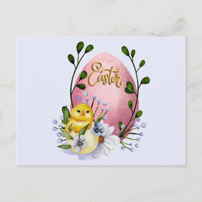 Carte Postale Oeuf de Pâques, poussin de bébé et fleurs de print (Devant)