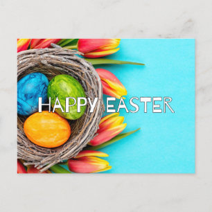 Carte Postale Oeufs de Pâques colorés et fleurs de tulipes
