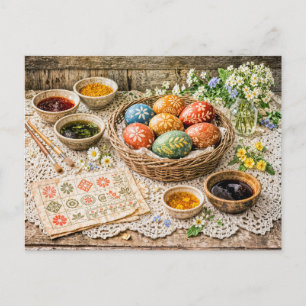 Carte Postale Œufs de Pâques Décorés Traditionnels avec Teinture