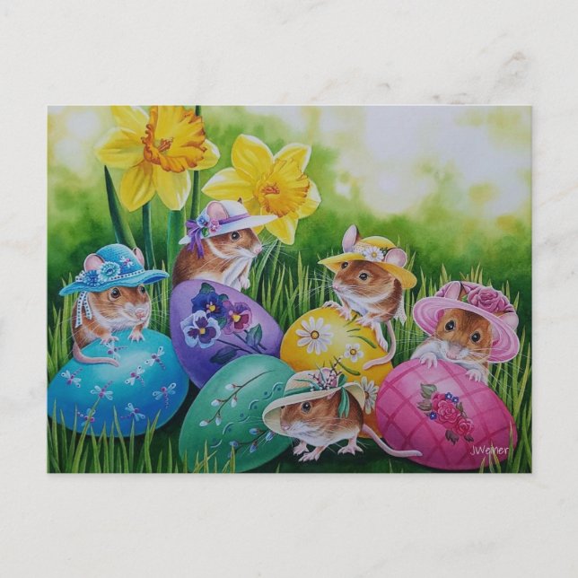 Carte Postale Oeufs de Pâques et Souris des Champs Art à l'aquar (Devant)