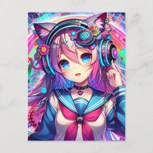 Carte Postale Oeuvre colorée Glitchcore Anime Girl