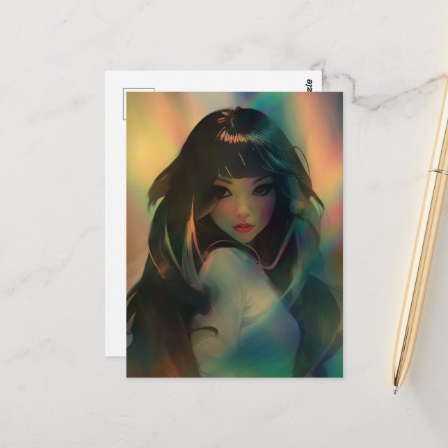 Carte Postale Oeuvre d'Anime Girl entourée de Rainbow Light (Devant/Arrière en situation)