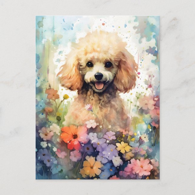 Carte Postale Œuvre d'art aquarelle colorée Caniche (Devant)