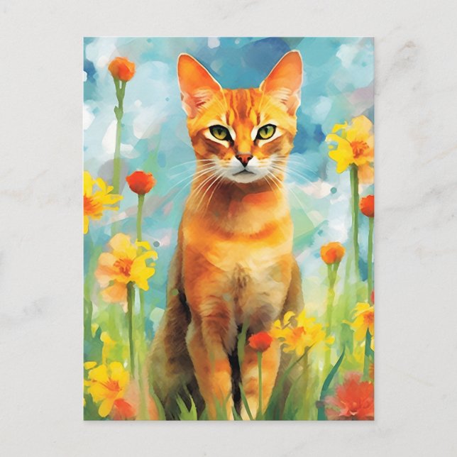 Carte Postale oeuvre d'art aquarelle colorée de chat abyssin (Devant)