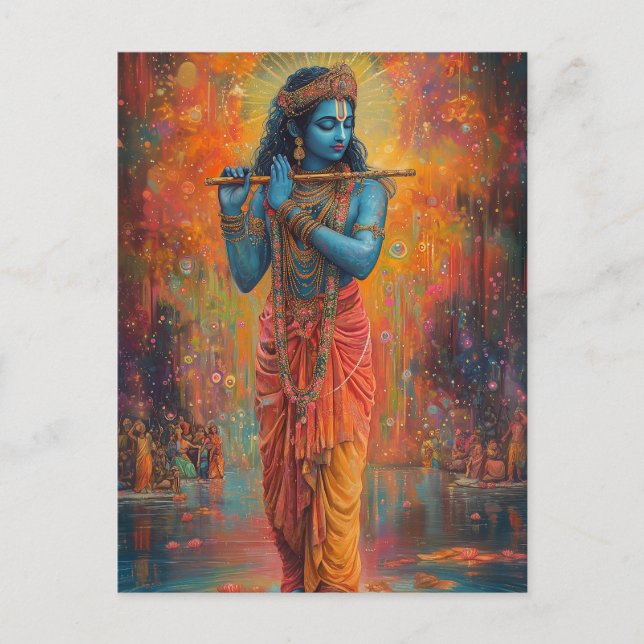 Carte Postale Œuvre d'art Orange Bleu représentant Lord Krishna  (Devant)