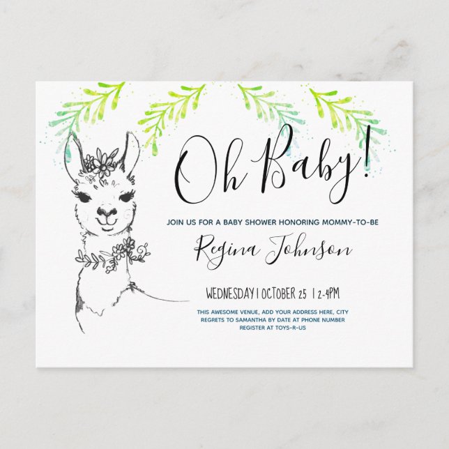Carte Postale Oh Baby shower Girl Cute llama (Devant)