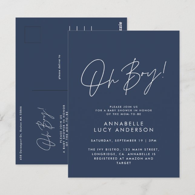 Carte Postale oh garçon Baby shower script marine bleu élégant (Devant / Derrière)