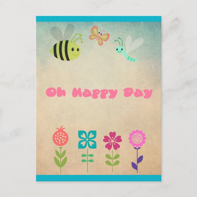 Carte Postale Oh Joyeux Jour Fleurs Whimsical et Bugs Gentils (Devant)