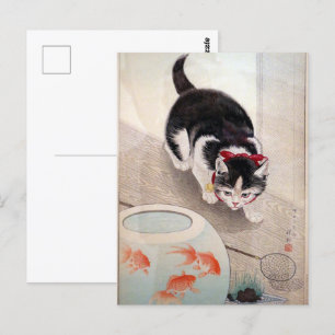 Carte Postale Ohara Koson Chat & Boule de poisson d'or Peinture 