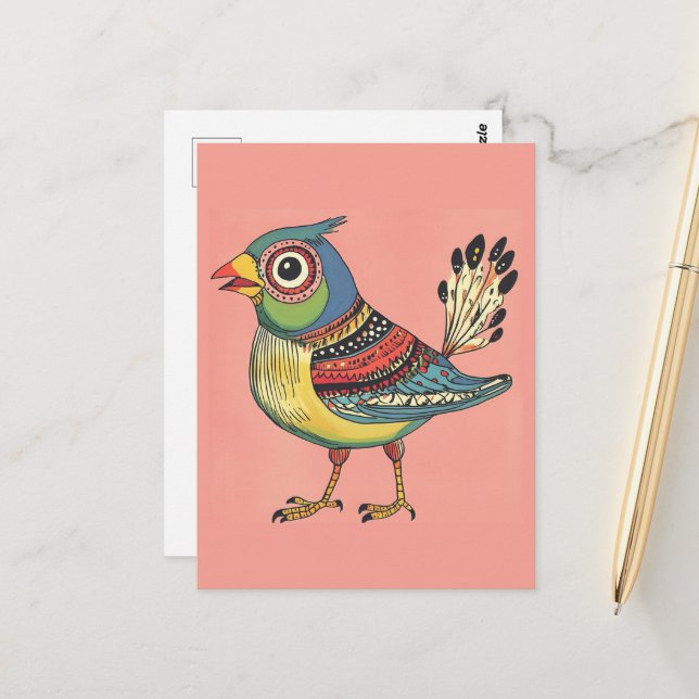 Carte Postale oiseau blanc coloré (Devant/Arrière en situation)