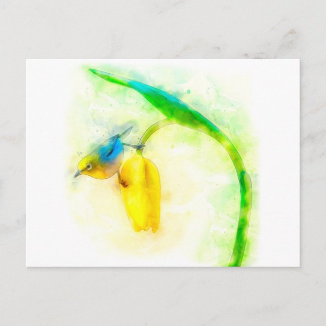 Carte Postale Oiseau blanc japonais à l'aquarelle de tulipe (Devant)