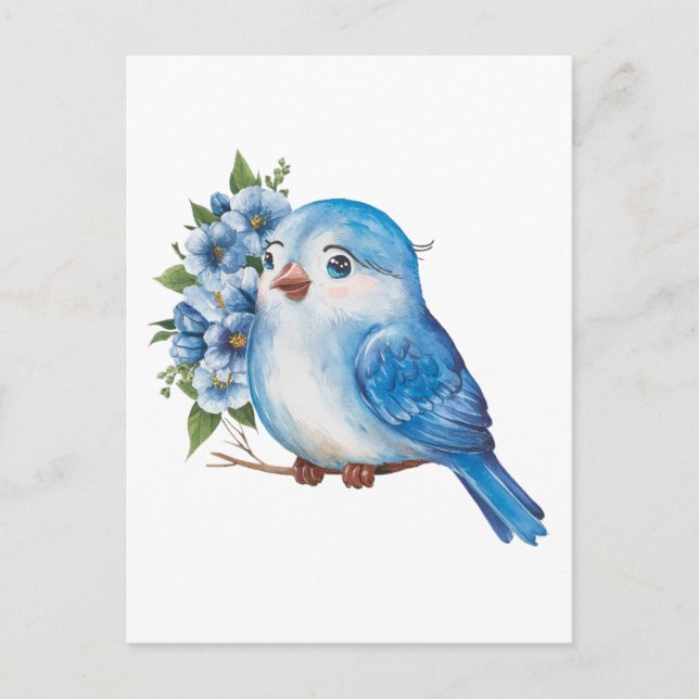 Carte Postale Oiseau bleu avec fleurs (Devant)