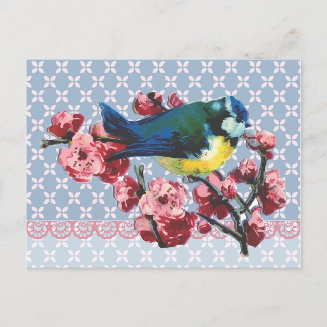 Carte Postale Oiseau bleu et fleurs de cerisiers (Devant)