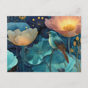 Carte Postale Oiseau bleu perché parmi des fleurs lumineuses