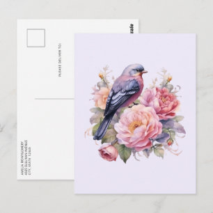 Carte Postale Oiseau chanteur debout sur des pivoines roses