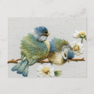 Carte Postale Oiseau de broderie vert à la menthe fleurie