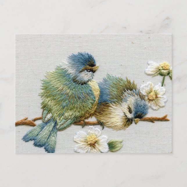 Carte Postale Oiseau de broderie vert à la menthe fleurie (Devant)