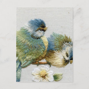 Carte Postale Oiseau de broderie vert à la menthe fleurie