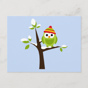 Carte Postale Oiseau de Chouette Carton vert neige mignon