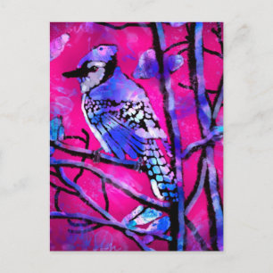Carte Postale Oiseau de Jay Bleu sur branche d'arbre Art Abstrai
