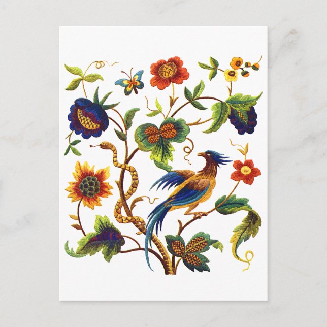 Carte Postale Oiseau de Paradis Broderie Jacobean (Devant)