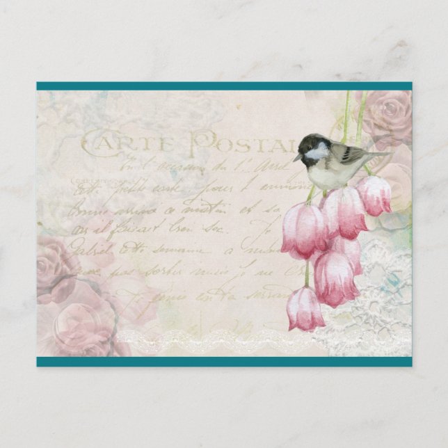 Carte Postale Oiseau et fleurs avec écriture manuscrite Shabby V (Devant)