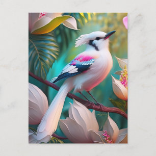 Carte Postale Oiseau Fantastique à Crête Blanche et Poitrine Ros