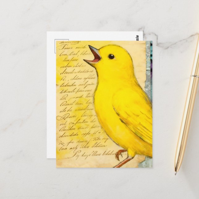 Carte Postale Oiseau Jaune Mixte Média (Devant/Arrière en situation)