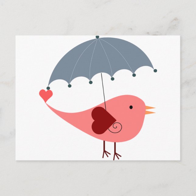 Carte Postale Oiseau rose blanc mignon tenant parapluie (Devant)