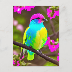 Carte postale Oiseau rose bleu jaune vert Imaginai