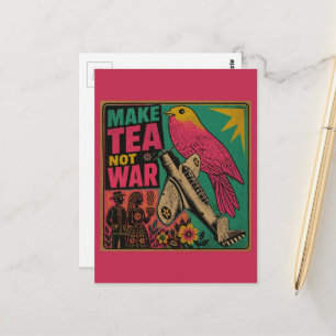 Carte Postale Oiseau rose et avion vintage font du thé pas la gu