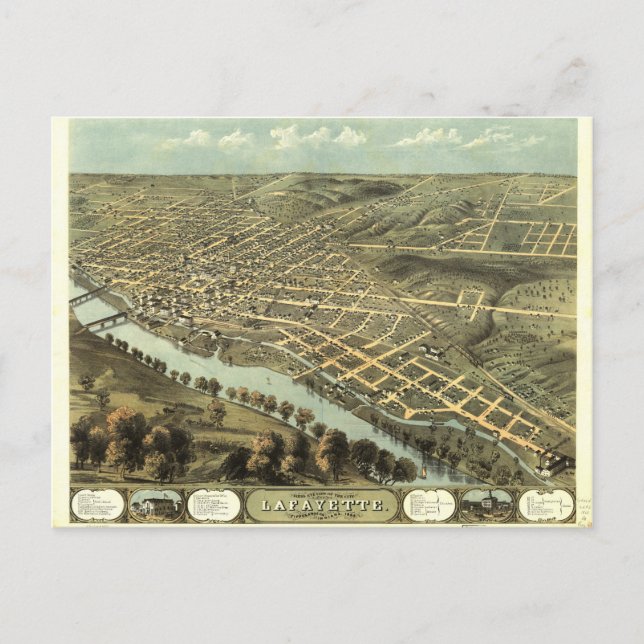 Carte Postale Oiseau's Eye View of Lafayette, Indiana (1868) (Devant)