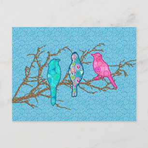Carte Postale Oiseaux appliqués sur une branche, Sky Blue Multi