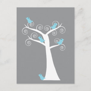 Carte Postale Oiseaux bleus sur fond gris d'arbre blanc Nature