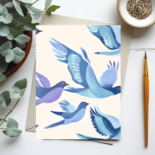 Carte Postale Oiseaux bleus volant   Aquarelle moderne