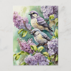 Carte Postale Oiseaux d'aquarelle avec fleurs Lilac en floraison