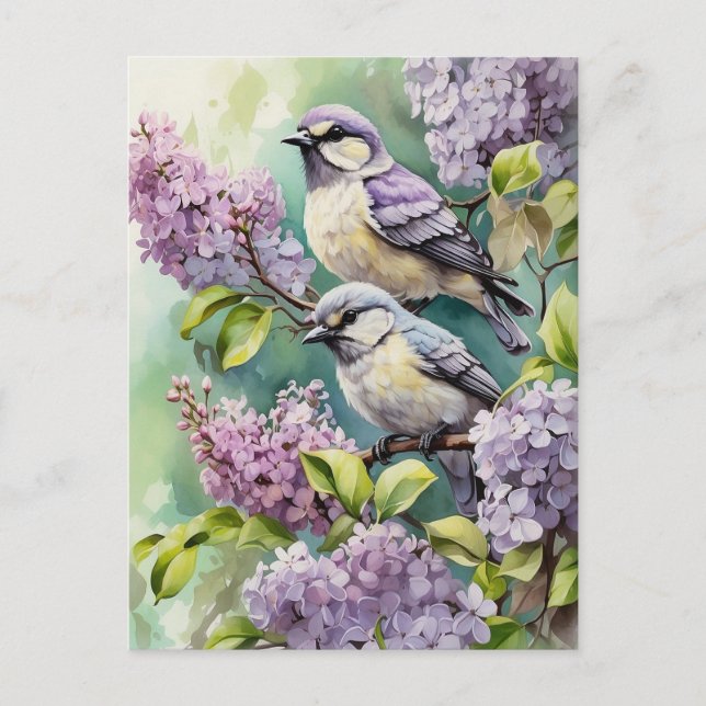 Carte Postale Oiseaux d'aquarelle avec fleurs Lilac en floraison (Devant)