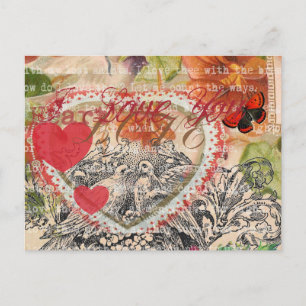 Carte Postale Oiseaux de l'amour Cœur Rouge Collage d'art